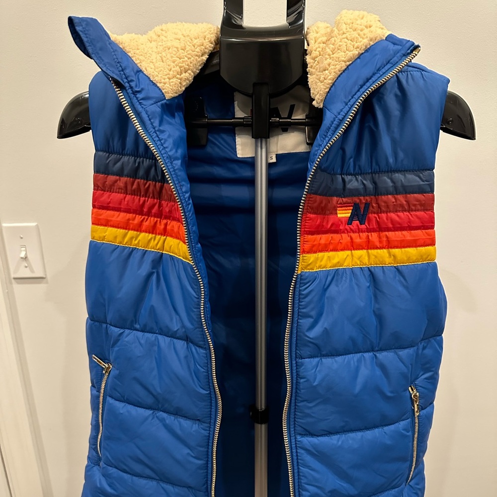 Aviator nation hooded 5 stripe sherpa vest small